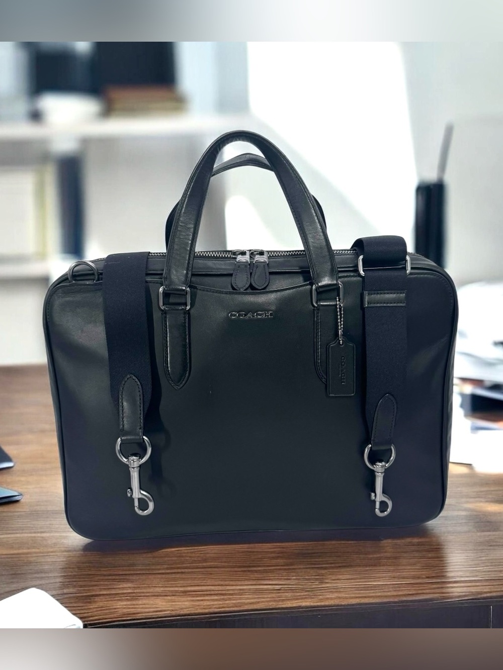 COACH Graham Slim Black Leather Laptop Briefcase w/Detachable Strap